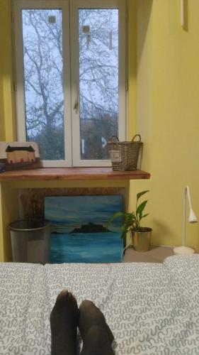 une personne pieds sur un lit devant une fenêtre dans l'établissement chambre du thé, sdb partagée, à Chavagne