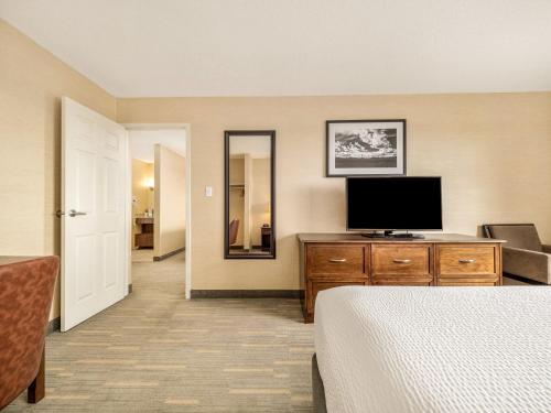 a hotel room with a bed and a flat screen tv at Holiday Inn Lethbridge by IHG in Lethbridge