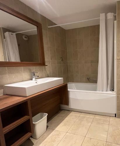 une salle de bain avec un lavabo, une baignoire et un miroir dans l'établissement Les Terrasses d Isola A - proche des pistes et de la galerie - Immeuble récent, à Isola 2000