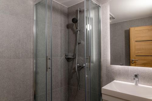 a bathroom with a glass shower and a sink at Hiša S'TJE Ljubljana Airport in Cerklje na Gorenjskem