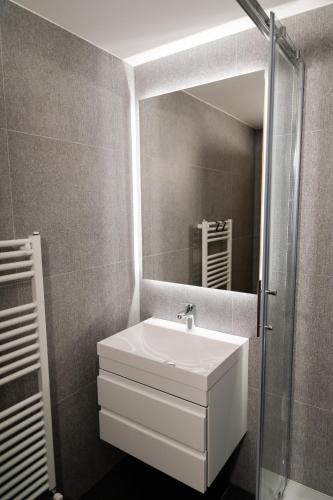 a bathroom with a sink and a mirror at Hiša S'TJE Ljubljana Airport in Cerklje na Gorenjskem