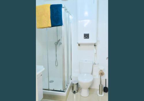 une salle de bain avec toilettes et douche en verre dans l'établissement Appartement-Paris-Disney-Terrasse-Jardin-parking, à Vaires-sur-Marne