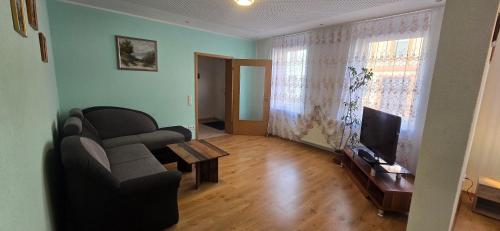 a living room with a couch and a television at VIK Apartement in Kolonie Eichenweiler