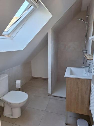 une salle de bain avec des toilettes blanches et un lavabo dans l'établissement Gite Jalagnat Plaisir Creusois, à Faux-la-Montagne