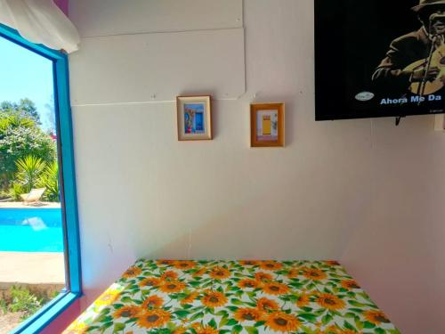 a room with a bed and a tv and a window at ALME cabañas Olmué in Olmué