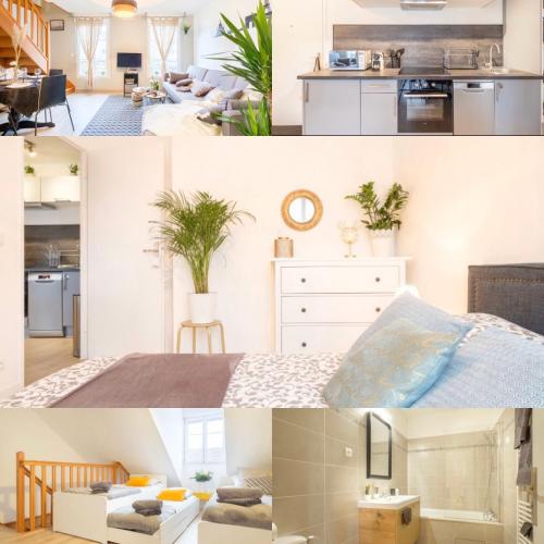 un collage de photos d'une cuisine et d'un salon dans l'établissement Duplex Disney, à Chessy