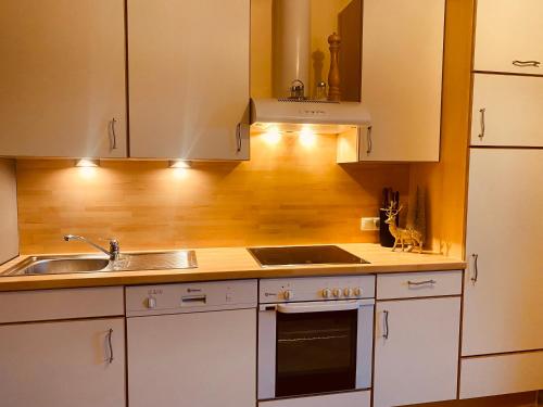 a kitchen with white cabinets and a sink at Sonnalm Panoramablick Garten Sauna in Rohrberg