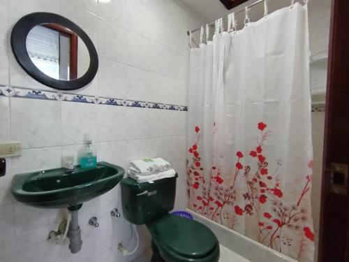 a bathroom with a green toilet and a sink at Amplia Casa a 10 min de la Basílica - Chiquinquirá in Chiquinquirá
