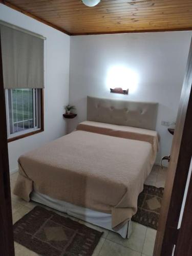 a bedroom with a bed in a room with a window at Cabañas Ruca Quiyen in General Acha