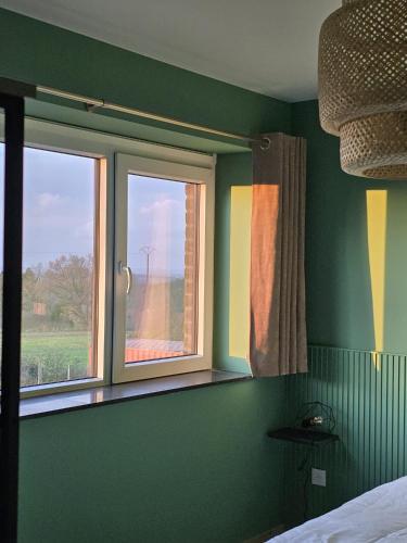 a bedroom with green walls and two windows and a bed at La maison d'Achille in Nassogne
