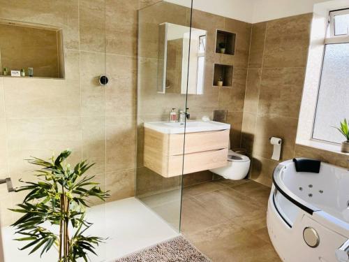 a bathroom with a shower and a sink and a toilet at Alver House in Portsmouth