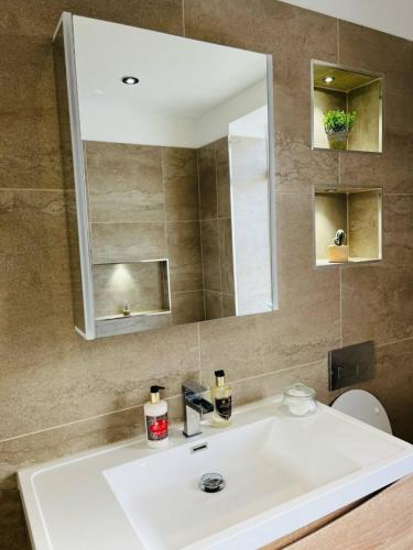a bathroom with a white sink and a mirror at Alver House in Portsmouth