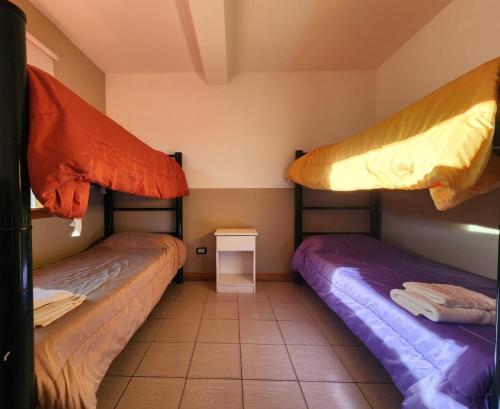 two beds in a room with a table at YAGHAN HOSTEL in Ushuaia