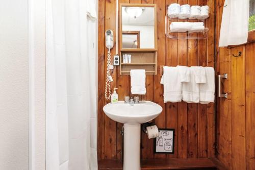a bathroom with a white sink and a mirror at Chippewa Bluffs Resort Spacious Combined 2BR 2BA Cabins in Barryton