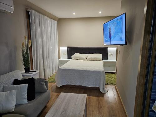 Un dormitorio con una cama y un televisor en la pared. en Casa Rios, en Redondela