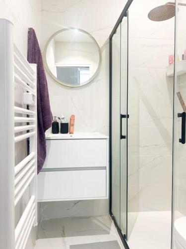 une salle de bain avec douche et miroir dans l'établissement Studio moderne - Canal St Martin, à Paris