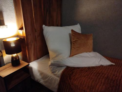 a bedroom with a bed with a pillow and a lamp at Studio Pocztówka in Zgierz