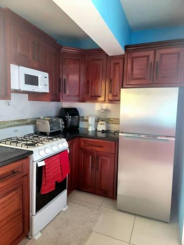 a kitchen with wooden cabinets and a white refrigerator at Seaview Guesthouse Apt #2 in Plymouth