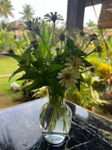 a glass vase filled with flowers on a table at Lone Traveler Beach View Room in Caridad