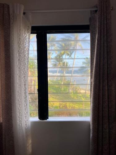 a window with a view of a palm tree at Lone Traveler Beach View Room in Caridad