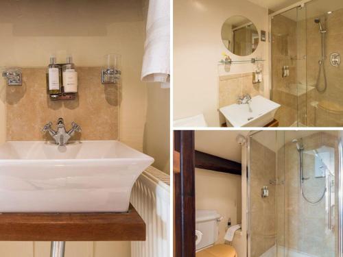 Dos fotografías de un baño con lavabo y ducha. en Poppy Cottage, en Coniston