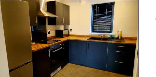 a kitchen with blue cabinets and a sink and a window at City Bliss Great Location in Birmingham