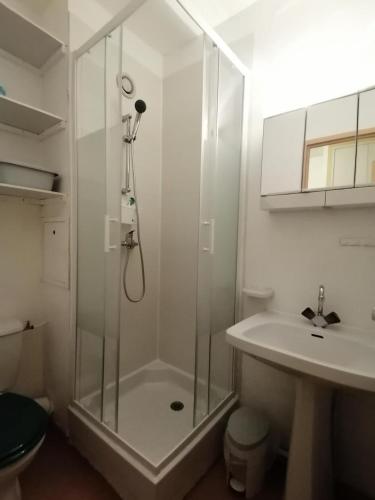 une salle de bain avec douche et lavabo dans l'établissement Résidence Les Charmettes - Studio avec coin motagne 4 personnes Montalbert MAE-9294, à Aime La Plagne