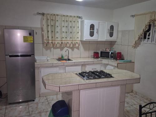 eine Küche mit weißen Schränken und einem Edelstahlkühlschrank in der Unterkunft Tahir & Tamir Apartment in Willemstad
