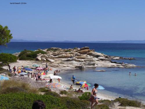 a group of people on a beach with umbrellas at Barbagiannis House in Ormos Panagias