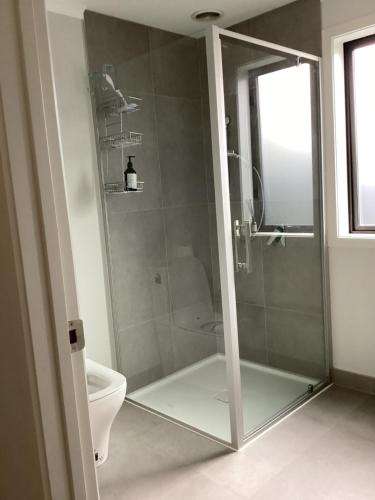 亚历山德拉Modern and stylish in Meyer的带玻璃淋浴和马桶的浴室