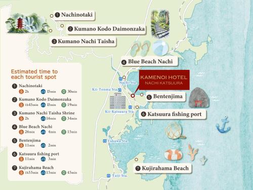 a map of the beaches and attractions of kiwiana rockeland at KAMENOI HOTEL Nachi Katsuura Kumano Kodo in Nachikatsuura