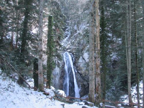 a waterfall in the middle of a snow covered forest at Gite Auberge Les Cascades in La Mongie