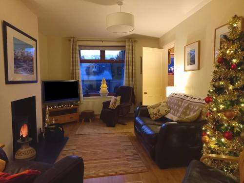 a living room with a christmas tree and a television at Ling Fell Cottage in Ulverston