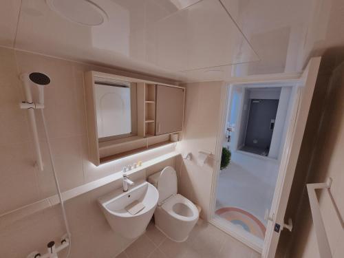 a bathroom with a toilet and a sink and a shower at 공간616 iksan in Pup'yŏng