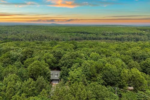 an aerial view of a house in the middle of a forest at Ridge Retreat by AvantStay Game Room Covered Porch Fire Pit in Blakeslee
