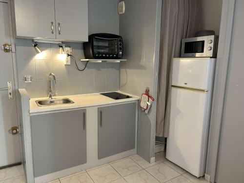 Il comprend une petite cuisine équipée d'un réfrigérateur blanc et d'un four micro-ondes. dans l'établissement Appt confortable 4 pers avec terrasse et parking, proche Seaquarium - FR-1-250-294, au Grau-du-Roi