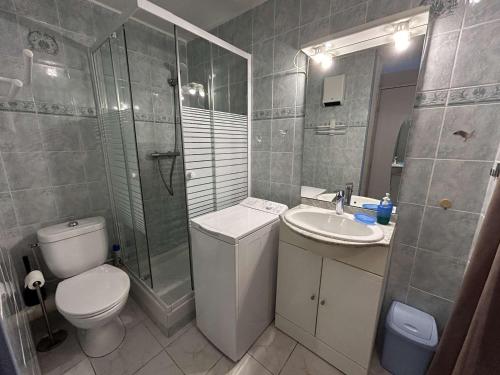 une salle de bain avec toilettes, lavabo et douche dans l'établissement Appt confortable 4 pers avec terrasse et parking, proche Seaquarium - FR-1-250-294, au Grau-du-Roi