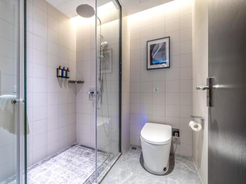 a bathroom with a shower and a toilet at Campanile Nanjing South Station Daming Road in Nanjing