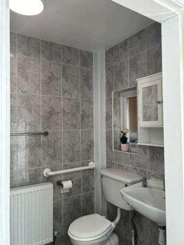 a bathroom with a toilet and a sink at Spacious Grimsby Contractor Friendly Home Sleeps 12 and Free Parking in Grimsby