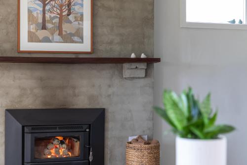 a living room with a fireplace and a plant at Sandy point hideaway in Sandy Point