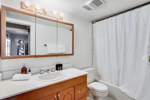 a bathroom with a sink and a toilet and a mirror at Marillac by AvantStay Gorgeous Ski Cabin w Balcony Patio in Olympic Valley