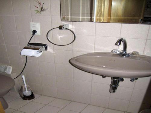 a bathroom with a sink and a mirror and a toilet at Haus Irene in Todtnau