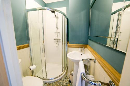 a bathroom with a shower and a sink and a toilet at Milburn Cottage in Bellingham