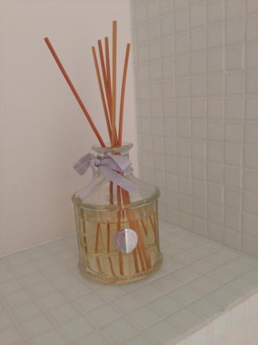a glass jar with sticks in it on a bathroom counter at Carouge Loft Apartment in Geneva