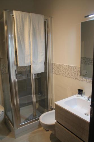 a bathroom with a shower and a toilet and a sink at La Villetta Sul Mavone in Colledara