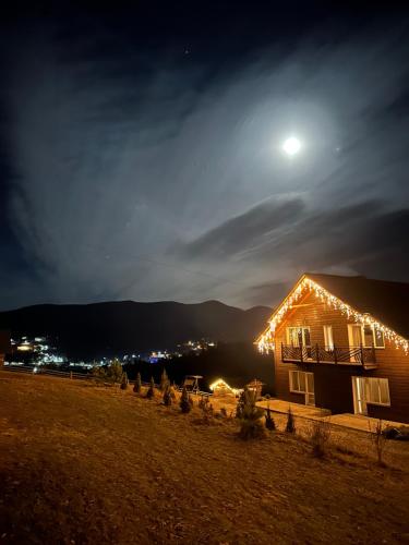 a house with lights on the roof at night at Мелодія Гір Вид на гори in Vorokhta