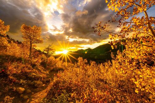 a sunset in a field with the sun in the sky at Three-Bedroom Apartment in Estes Park