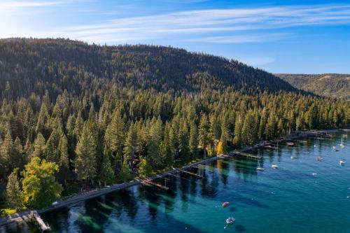 an aerial view of a river with a forest at Homewood Lakefront by AvantStay Private Beach Lake Access Views in Homewood