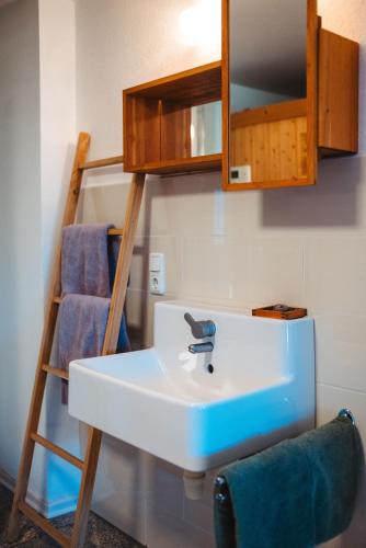 a bathroom with a sink and a ladder at Auszeit am Weinhof in Loschenthal