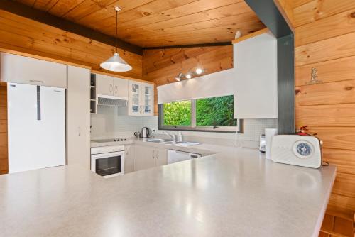 a kitchen with white appliances and wooden walls at Lakeview in Kinloch in Kinloch